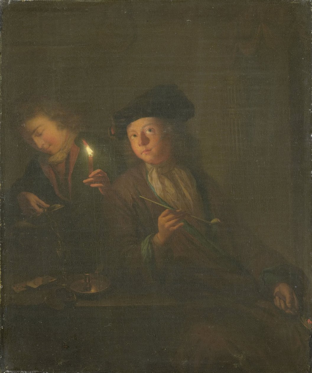 De roker (Een man met een pijp en een man die een drankje in een glas schenkt) door Godfried Schalcken (attributed to)