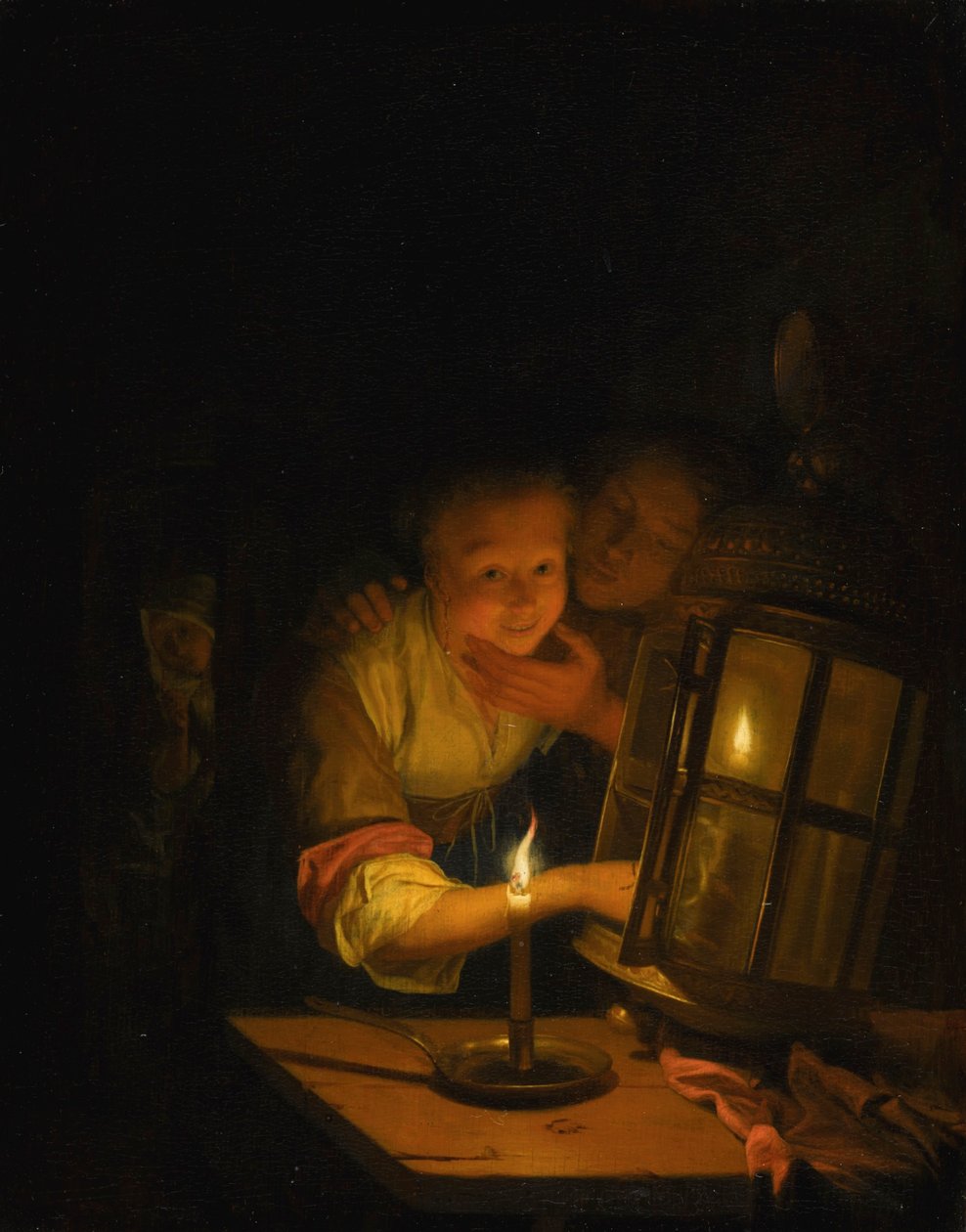 Een amoureus stel betrapt bij het aansteken van een lantaarn door Godfried Schalcken