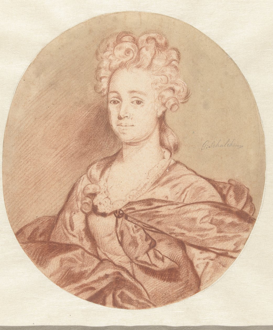 Portret van een onbekende vrouw, in ovaal door Godfried Schalcken