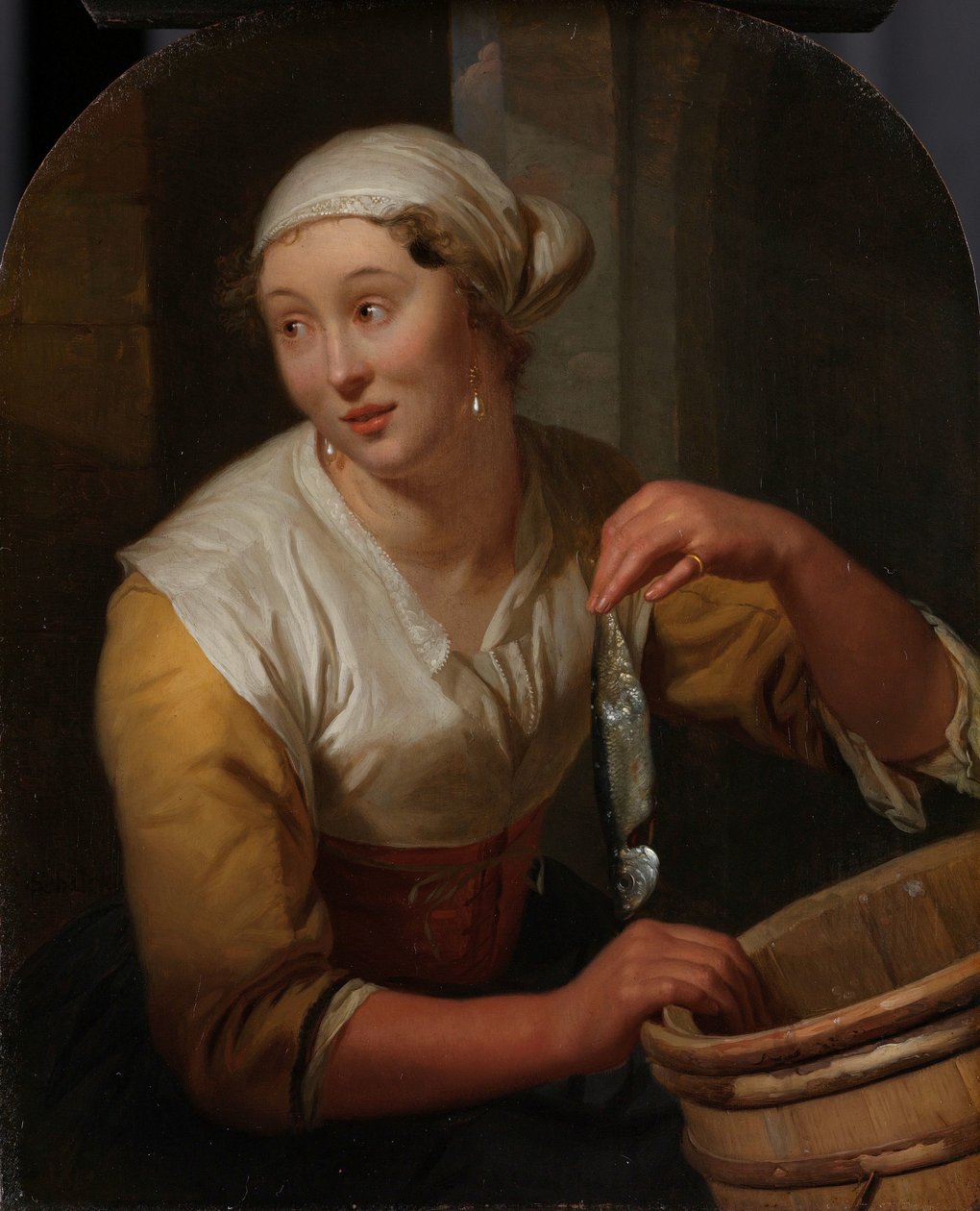 Vrouw die haringen verkoopt door Godfried Schalcken