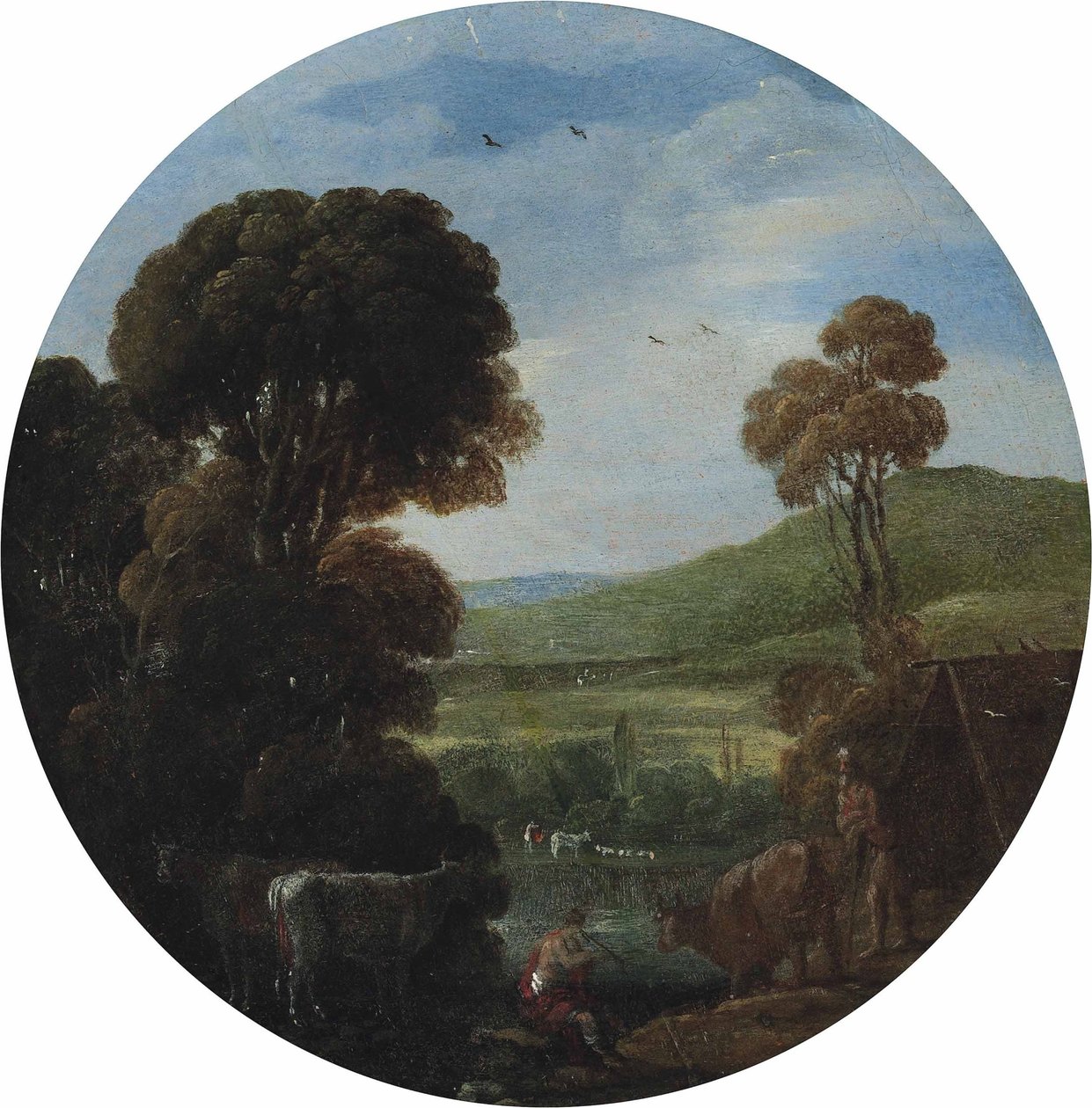 Bosrijk rivierlandschap met drijvers en hun vee door Goffredo Wals