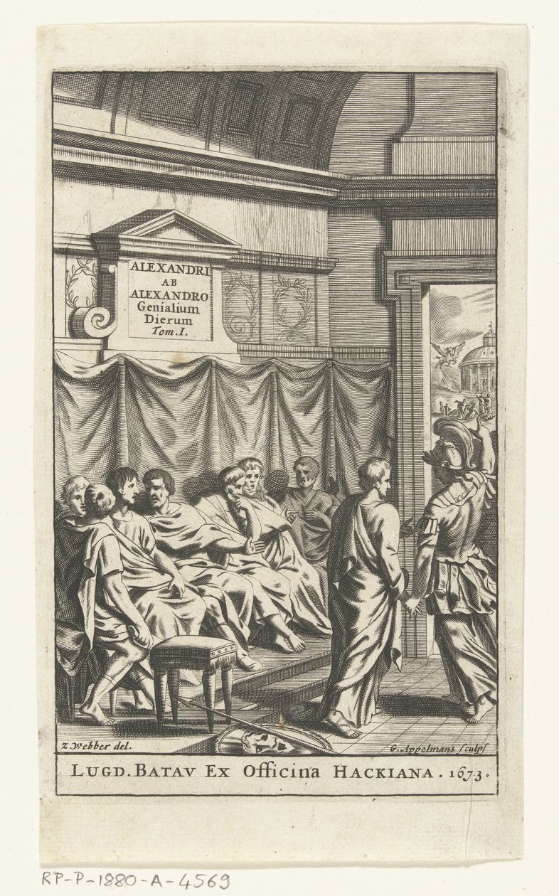 Titelpagina voor Alexander ab Alexandro, Genialium dierum, deel 1, 1673 door Gonsales Appelmans (attributed to)