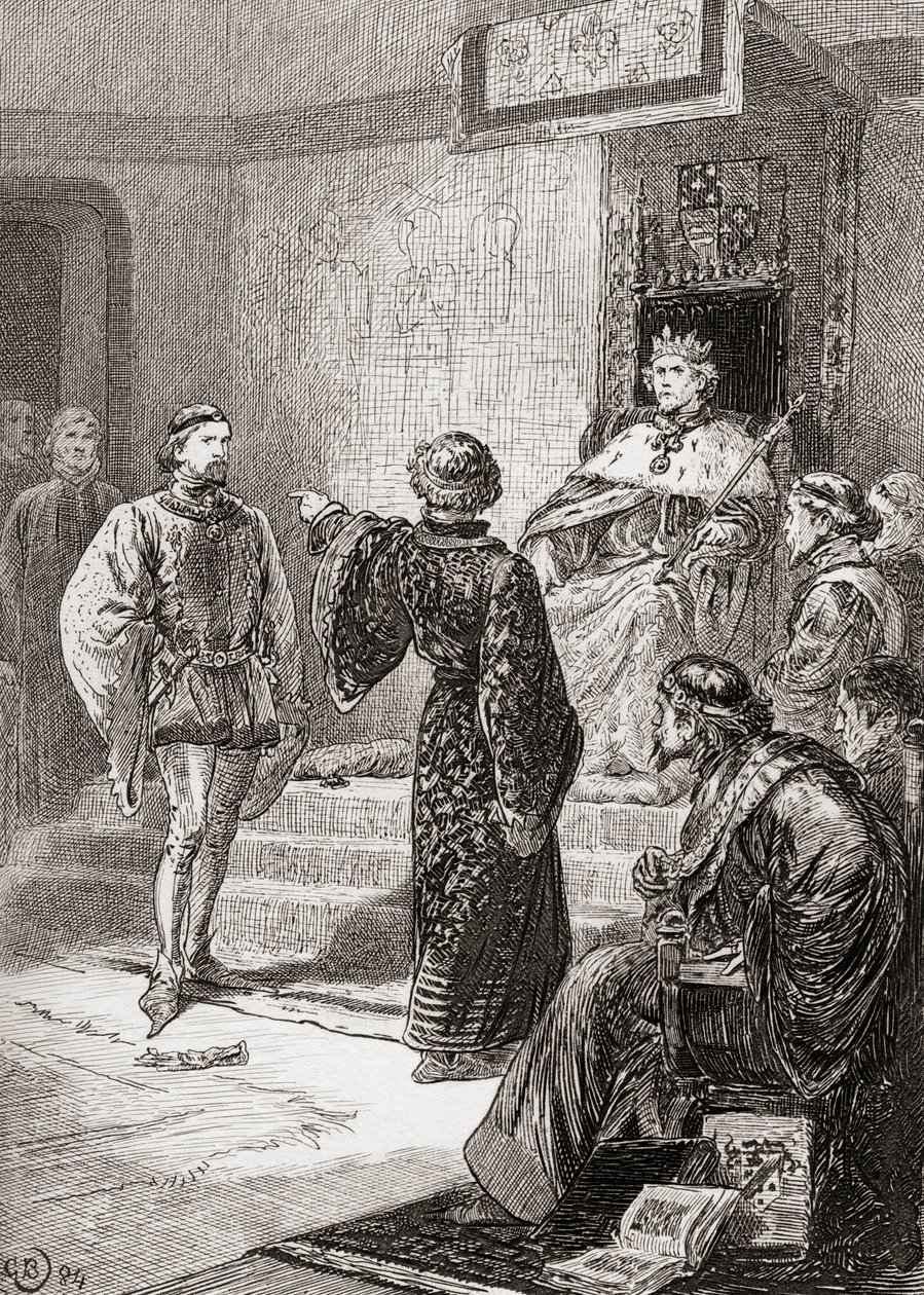 Een scène uit William Shakespeares Richard II, Act 1, Scene 1, Bolingbroke: Bleke trillende lafaard, daar gooi ik mijn handschoen, uit De Werken van William Shakespeare, gepubliceerd 1896 door Gordon Frederick Browne
