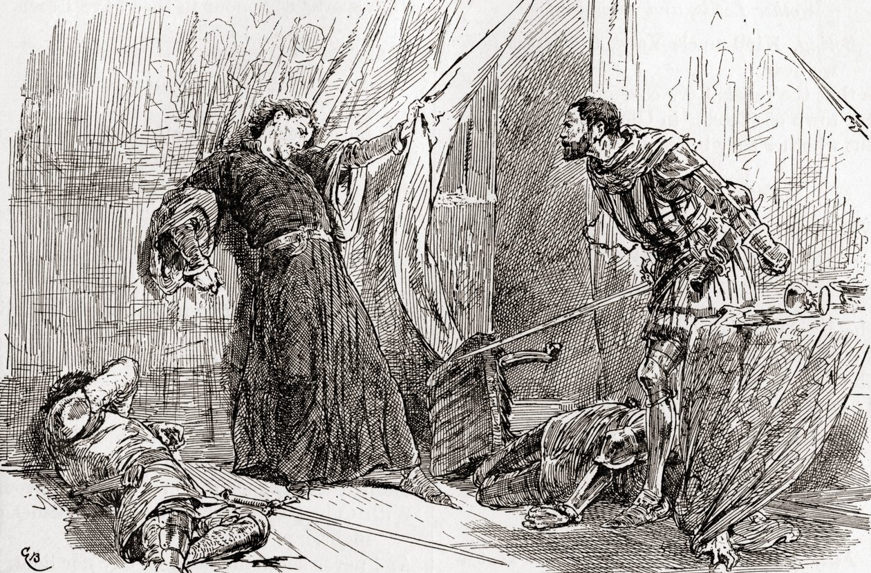Een scène uit William Shakespeares Richard II, Act V, Scene 5, Koning Richard: Exton, jouw felle hand heeft met het bloed van de koning het land van de koning bevlekt, uit De Werken van William Shakespeare, gepubliceerd 1896 door Gordon Frederick Browne