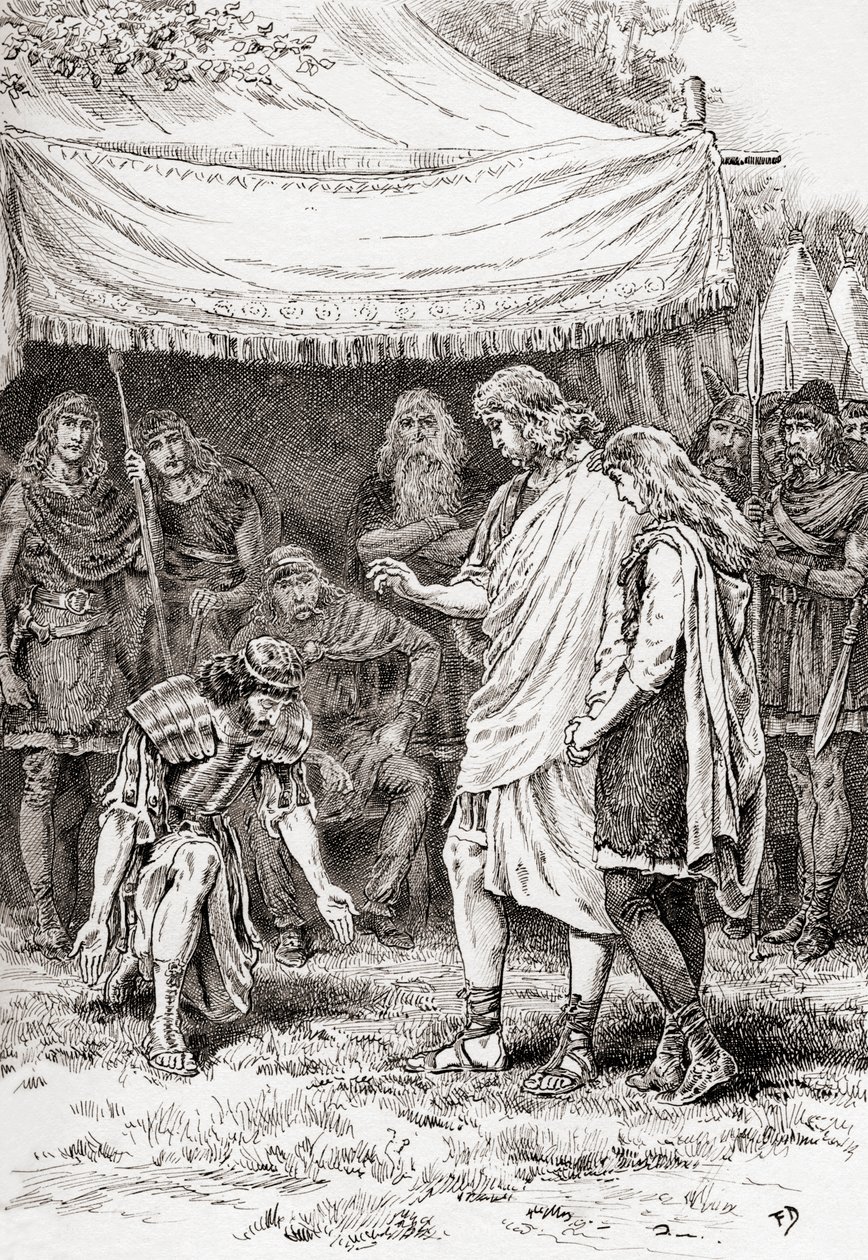 Een scène uit William Shakespeares toneelstuk Cymbeline, Act V, Scene 5 door Gordon Frederick Browne