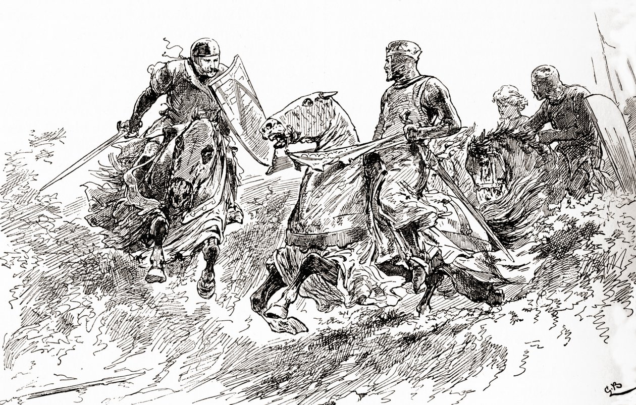 Een scène uit William Shakespeares toneelstuk Koning Jan, Act III, Scene 2, Koning Jan: Philip, maak je klaar. Mijn moeder wordt aangevallen in onze tent, en ik vrees dat ze gevangen is, uit De Werken van William Shakespeare, gepubliceerd 1896 door Gordon Frederick Browne