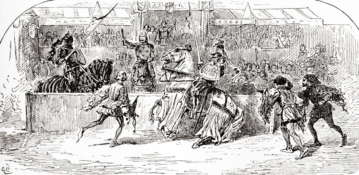 Een scène uit William Shakespeares toneelstuk Richard II, Act 1, Scene 3, Mar: Blijf, blijf, de koning heeft zijn staf neergelegd, uit De Werken van William Shakespeare, gepubliceerd 1896 door Gordon Frederick Browne