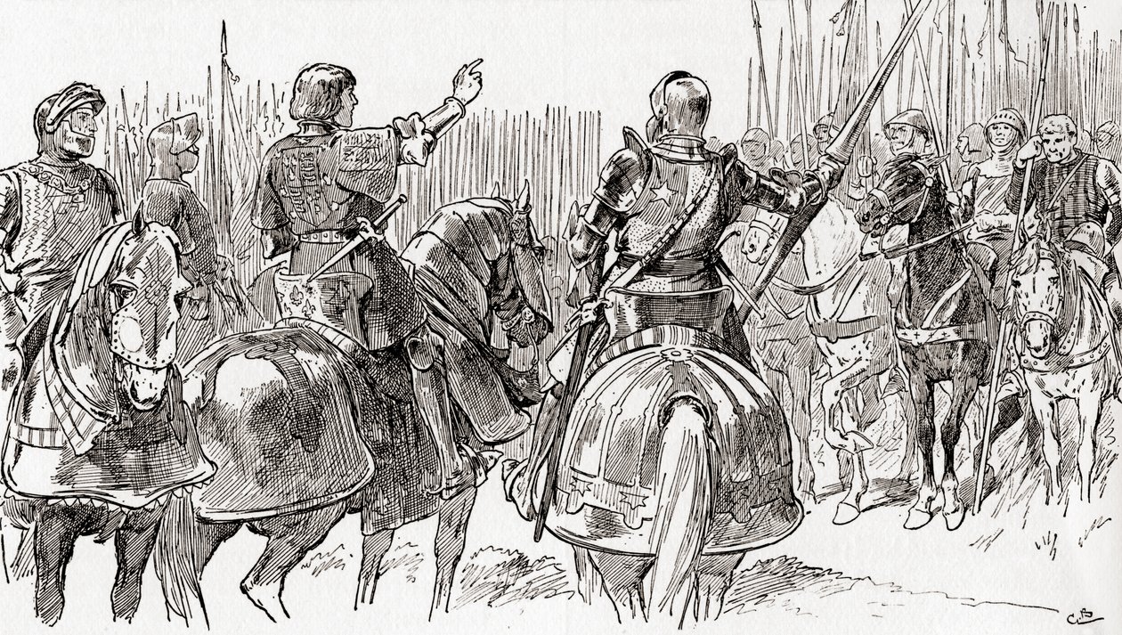 Een scène uit William Shakespeares toneelstuk Richard III, Act V, Scene 2, Richmond: Kameraden in de wapens, en mijn meest geliefde vrienden, gekneusd onder het juk van tirannie, uit De Werken van William Shakespeare, gepubliceerd 1896 door Gordon Frederick Browne