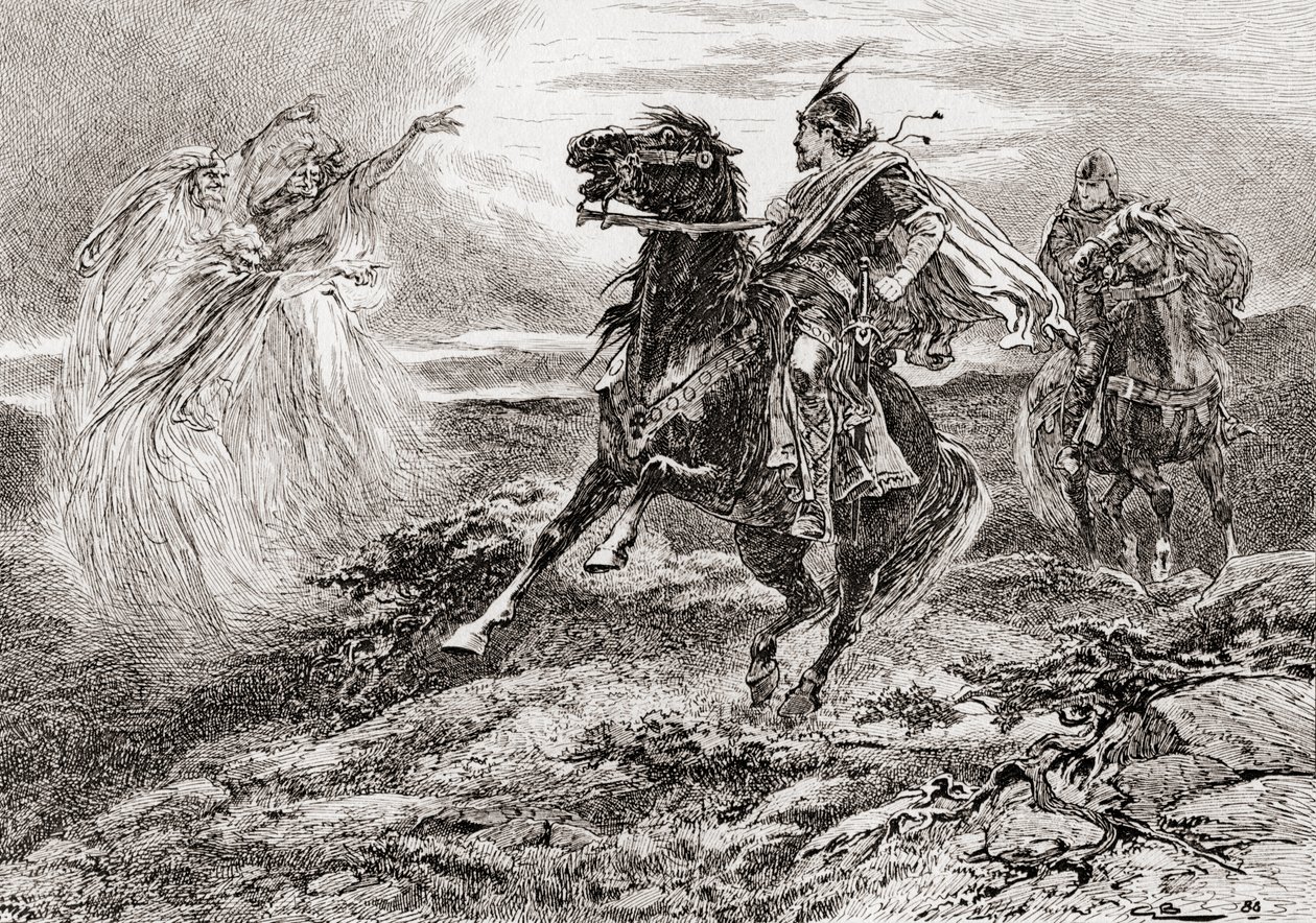 Een scène uit William Shakespeares toneelstuk Macbeth, Act I, Scene 3, Eerste Heks: Heil, Macbeth! heil aan jou, thane van Glamis, uit De Werken van William Shakespeare, gepubliceerd 1896 door Gordon Frederick Browne