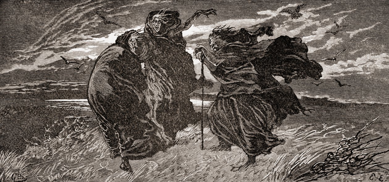 Een scène uit William Shakespeares toneelstuk Macbeth, Act I, Scene I, Eerste Heks: Wanneer zullen wij drieën weer ontmoeten, in donder, bliksem of regen?, uit De Werken van William Shakespeare, gepubliceerd 1896 door Gordon Frederick Browne