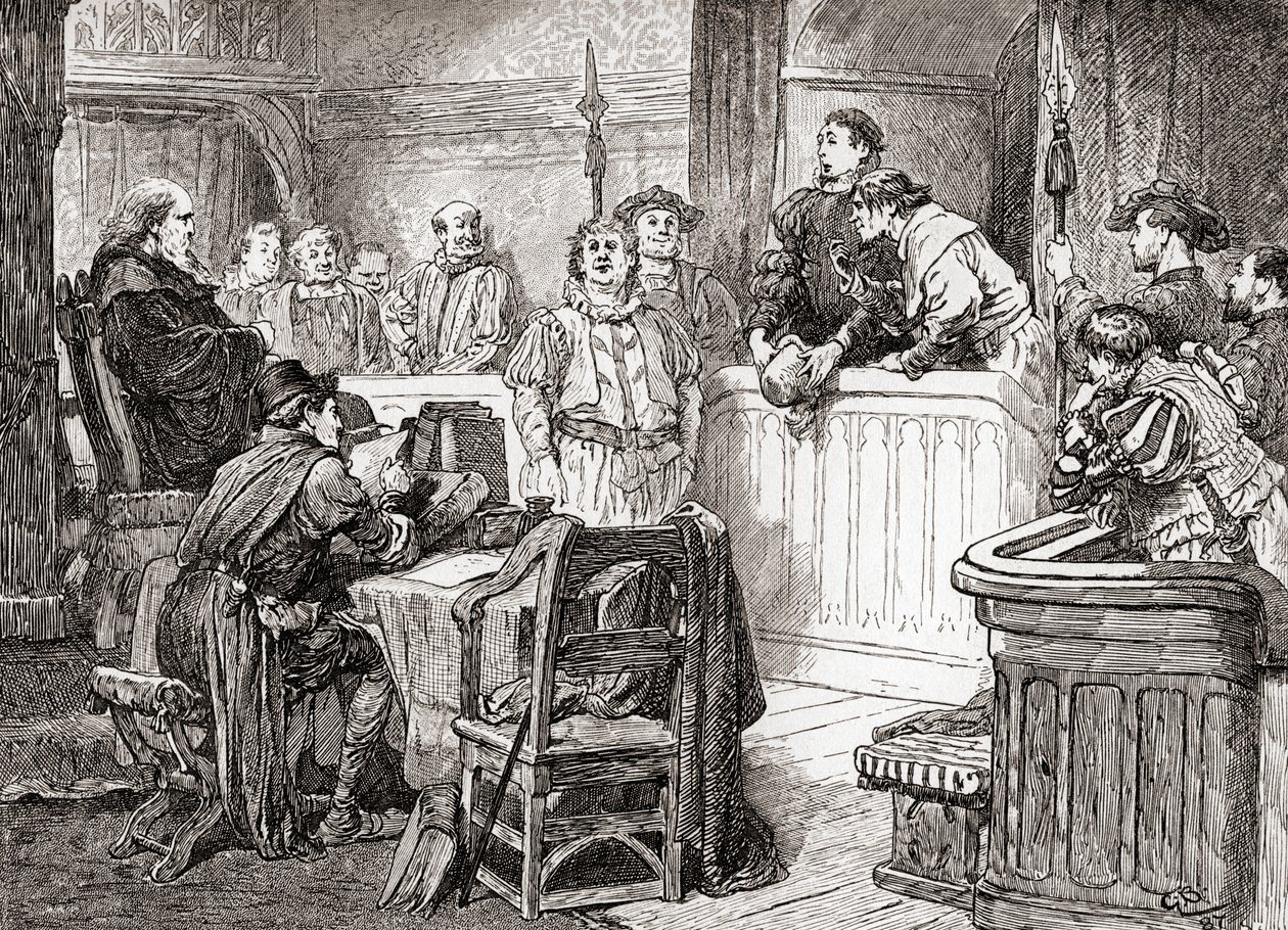 Een scène uit William Shakespeares toneelstuk Maat voor Maat, Act II, Scene 1, Pompey Bum: Ziet uw eer enige schade in zijn gezicht?, uit De Werken van William Shakespeare, gepubliceerd 1896 door Gordon Frederick Browne