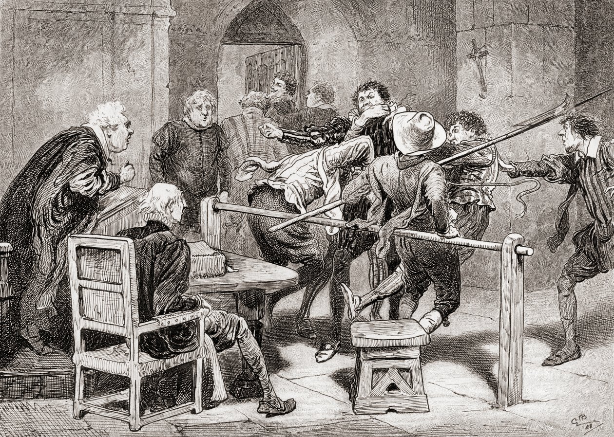 Een scène uit William Shakespeares toneelstuk Veel Gedoe om Niets, Act IV, Scene 2, Dogberry: Verdenk je mijn positie niet? Verdenk je mijn jaren niet?, uit De Werken van William Shakespeare, gepubliceerd 1896 door Gordon Frederick Browne