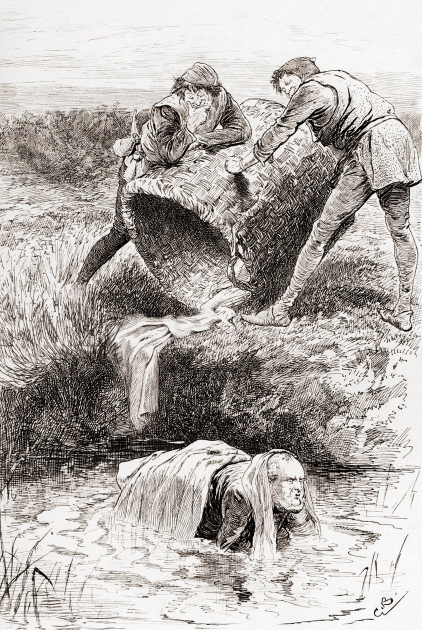 Een scène uit William Shakespeares toneelstuk De Vrolijke Vrouwen van Windsor, Act III, Scene III, De Buck-mand, uit De Werken van William Shakespeare, gepubliceerd 1896 door Gordon Frederick Browne
