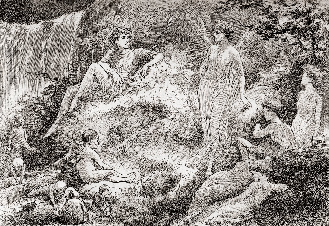 Titania: Stel je hart gerust: Het feeënland koopt het kind niet van mij, scène uit William Shakespeares Een Midzomernachtsdroom, Act II, Scene 1, uit De Werken van William Shakespeare, gepubliceerd 1896 door Gordon Frederick Browne