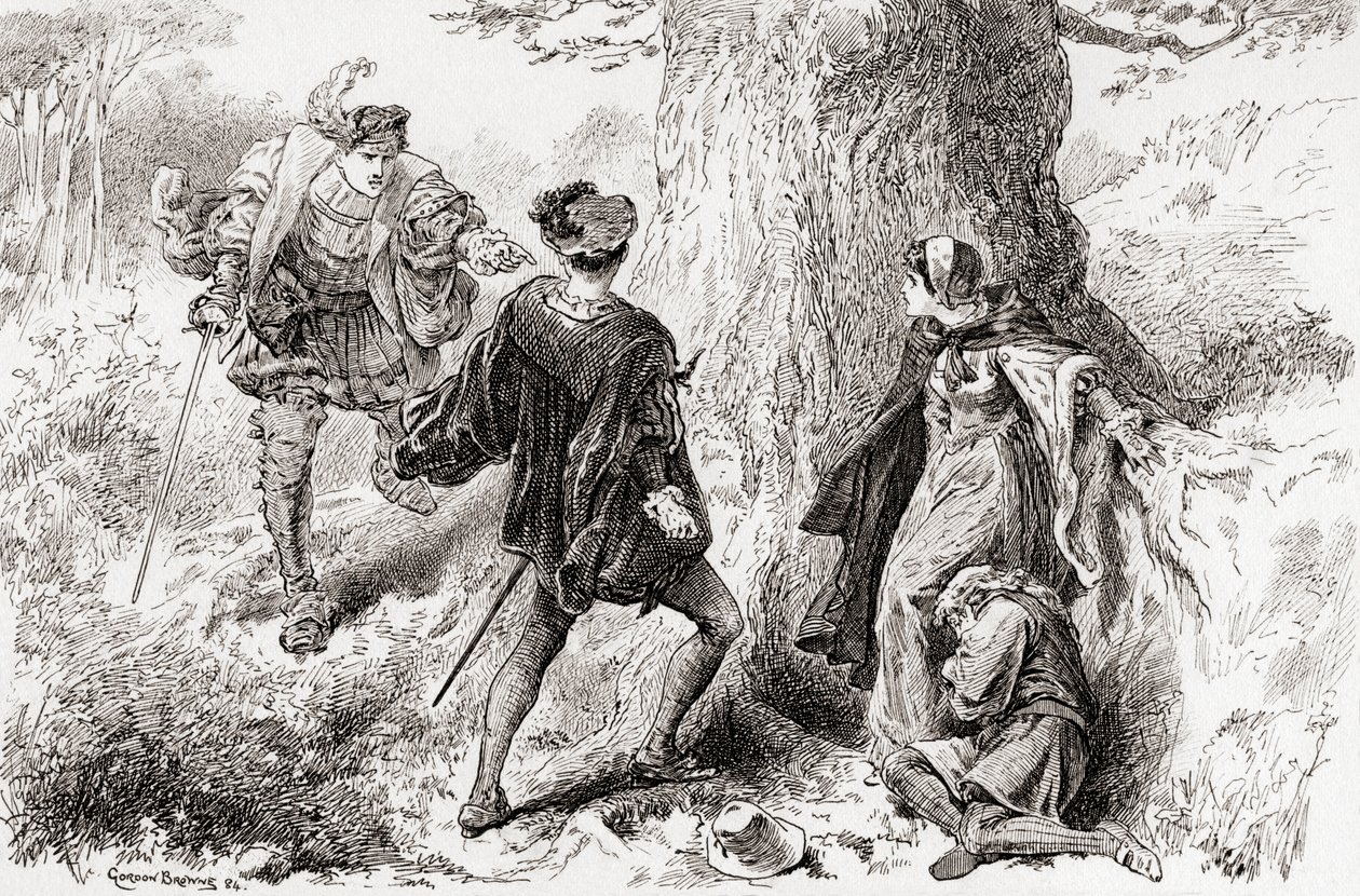 Valentine: Schurk, laat die ruwe onbeschaafde aanraking los, een scène uit Shakespeares De Twee Edele Verwanten, Act V, Scene 4, uit De Werken van William Shakespeare, gepubliceerd 1896 door Gordon Frederick Browne