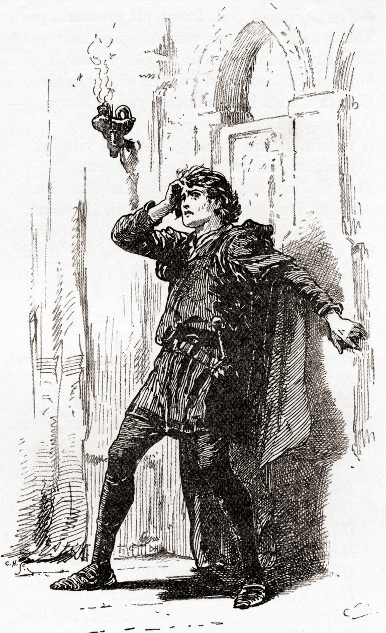 Een scène uit William Shakespeares toneelstuk Hamlet, Act I, Scene 5 door Gordon Frederick Browne
