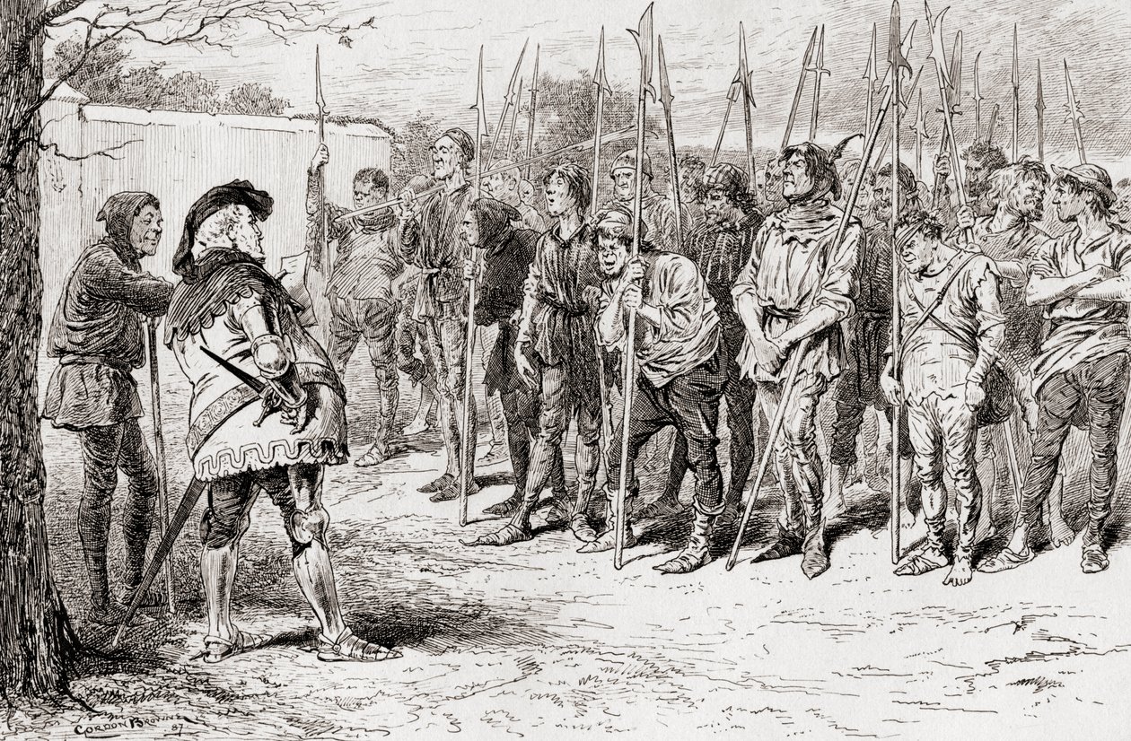 Een scène uit William Shakespeares toneelstuk Henry IV, Deel 1, Act IV, Scene 2, Falstaffs gehavende regiment, uit De Werken van William Shakespeare, gepubliceerd 1896 door Gordon Frederick Browne