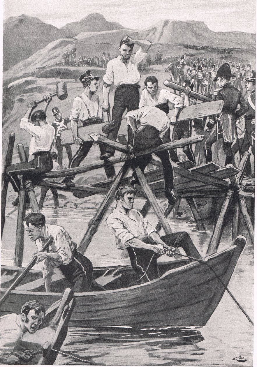 De bouw van de brug over de Guadiana, 3 april 1811, illustratie uit 