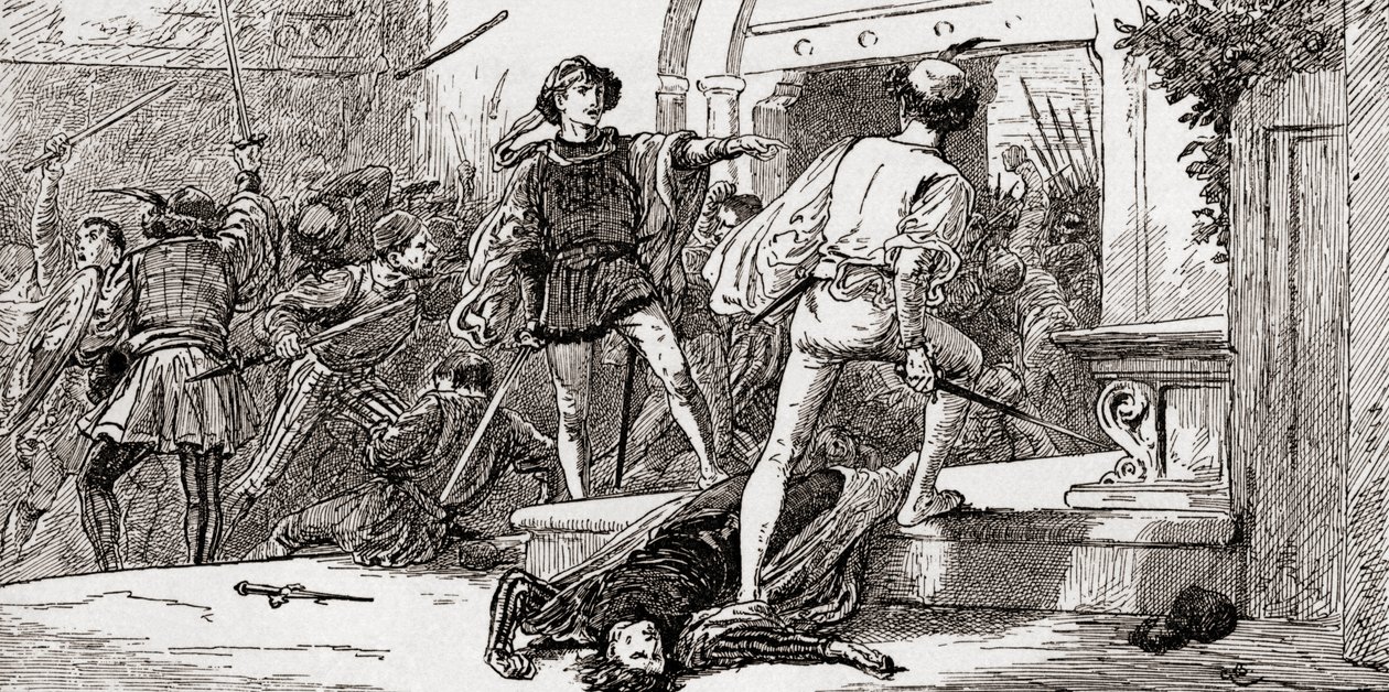 Tybalt gedood door Romeo, scène uit William Shakespeares Romeo en Julia, Act III, Scene 1, uit De Werken van William Shakespeare, gepubliceerd 1896 door Gordon Frederick Browne