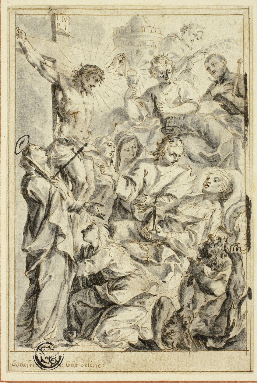 Stervende man wordt getroost door Christus aan het kruis, Maagd en heiligen door Gottfried Bernhard Goetz