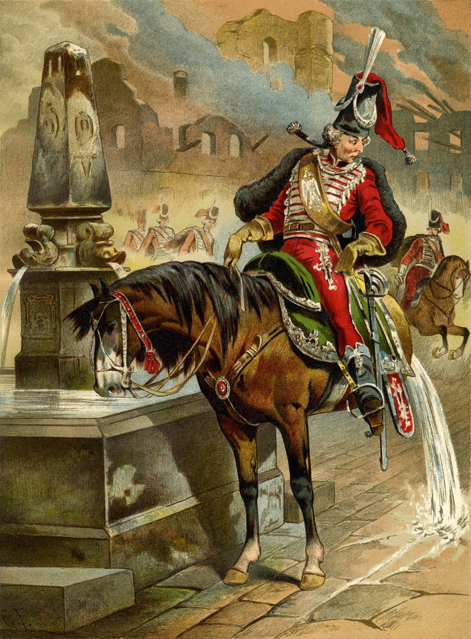Illustratie voor het boek De verrassende avonturen van Baron Münchhausen door Rudolph Erich Raspe, 1896 door Gottfried Franz