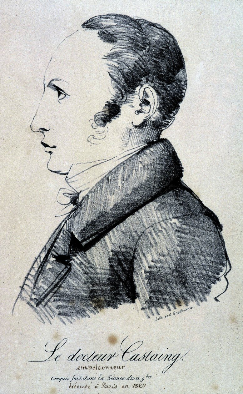 Portret van Dr. Castaing, vergiftiger. Hij gebruikte morfinezout, hydrochloride om zijn vriend Hippolyte Ballet in 1823 te doden. Hij werd geëxecuteerd in Parijs in 1824. Lithografie door Engelmann naar een schets gemaakt tijdens de sessie van 11 november. door Gottfried or Godefroy Engelmann