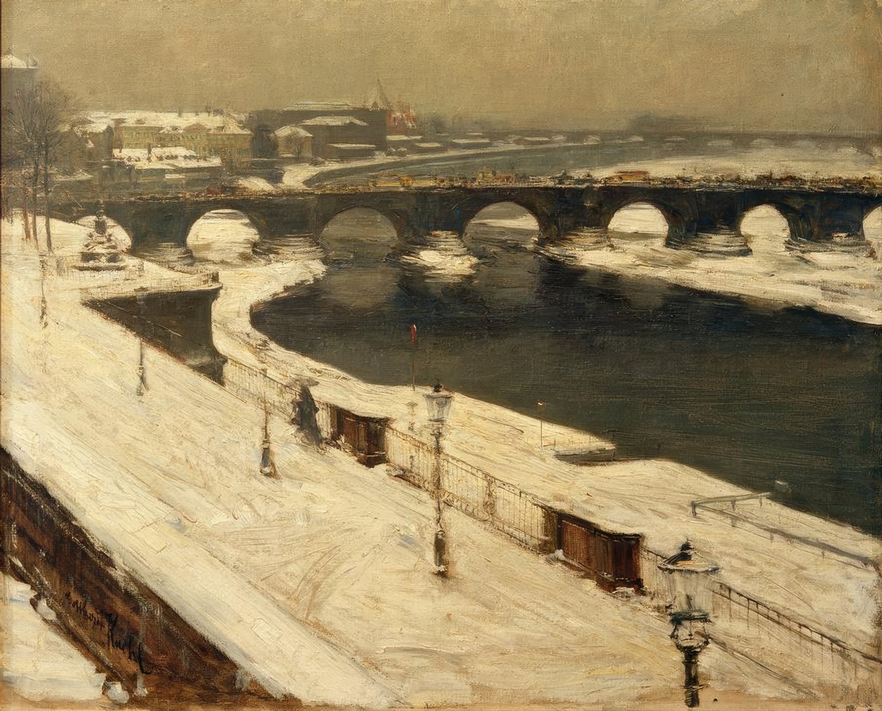 Elbe en Augustusbrug in de Winter door Gotthardt Johann Kuehl