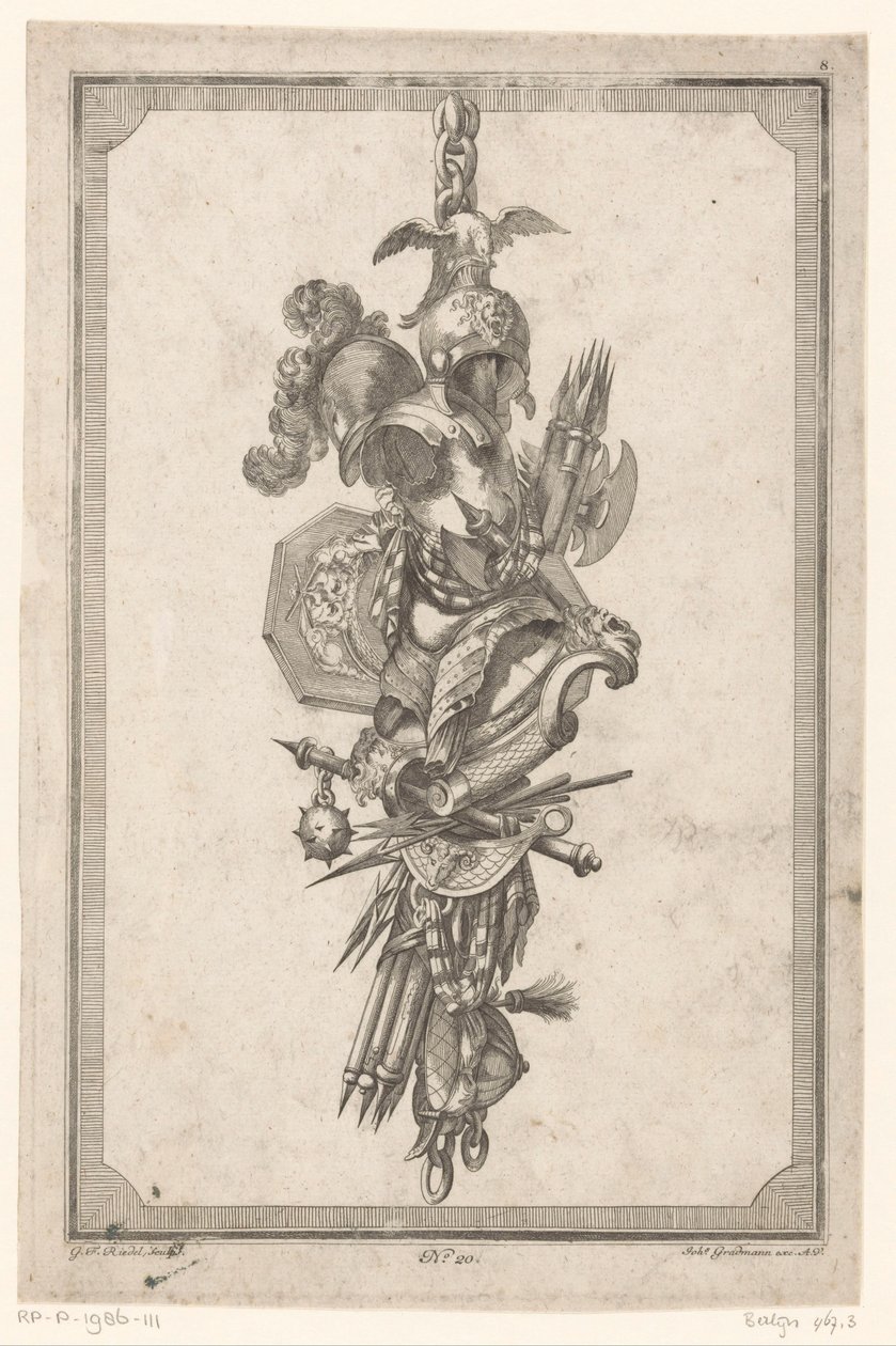 Trofee met helmen en harnas door Gottlieb Friedrich Riedel