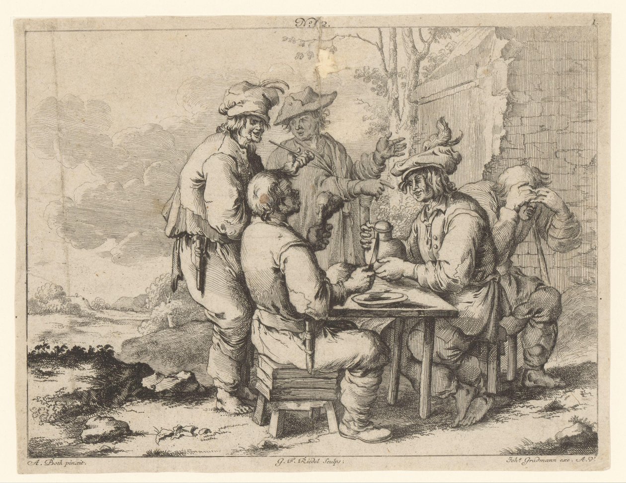 Vijf boeren aan tafel in de buitenlucht (Landelijke gezelligheid) door Gottlieb Friedrich Riedel