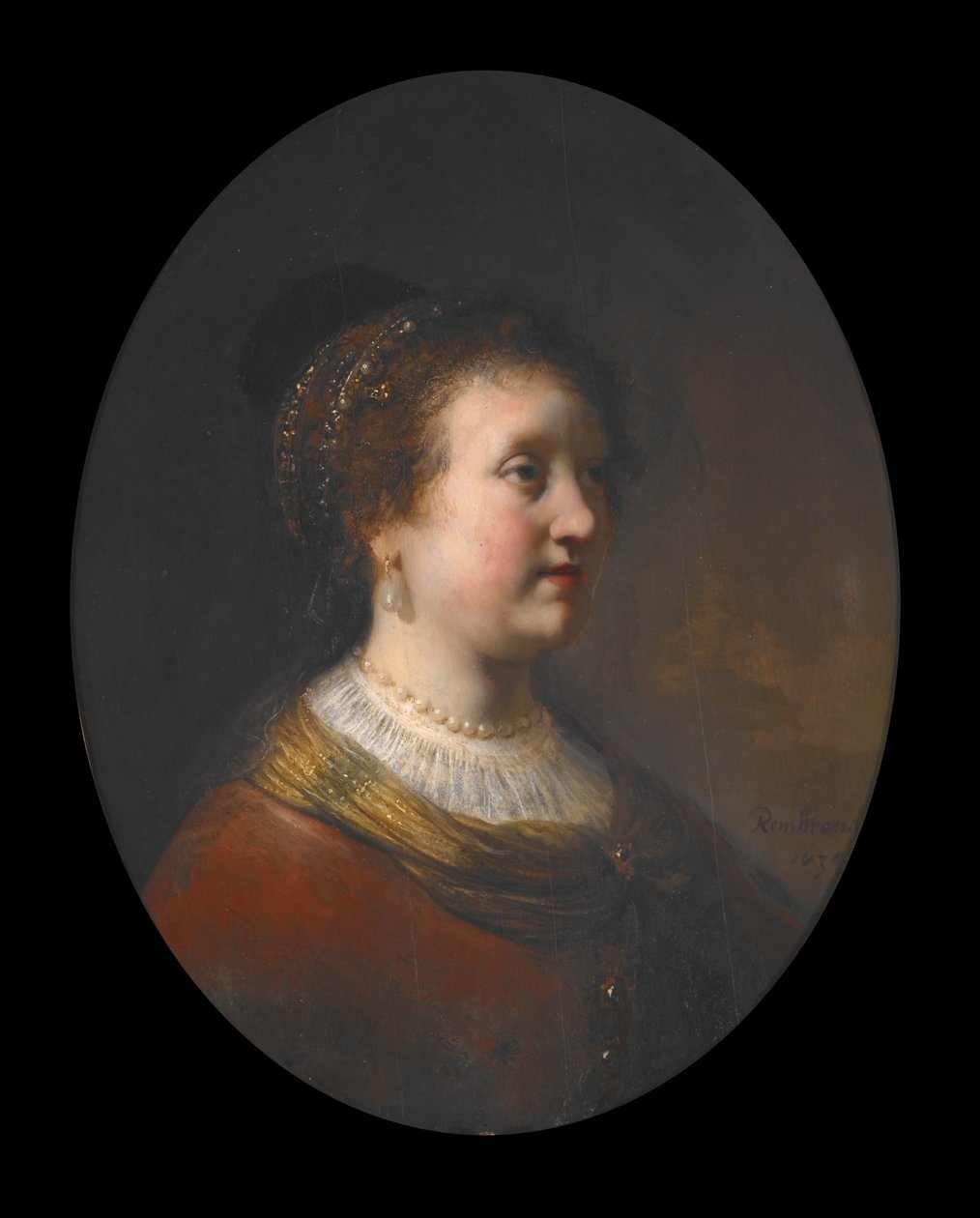 Vrouw in een rode jurk en parels door Govaert Flinck