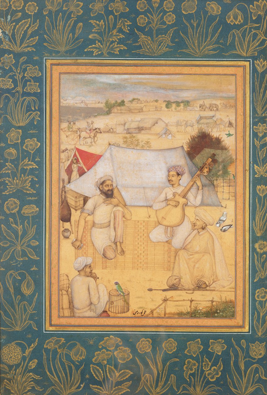 Muzikanten en Zangers Knielen aan de Rand van een Mogolkamp. Een Yogi en een Dienaar Luisteren naar Hen, uit het Minto Album door Govardhan