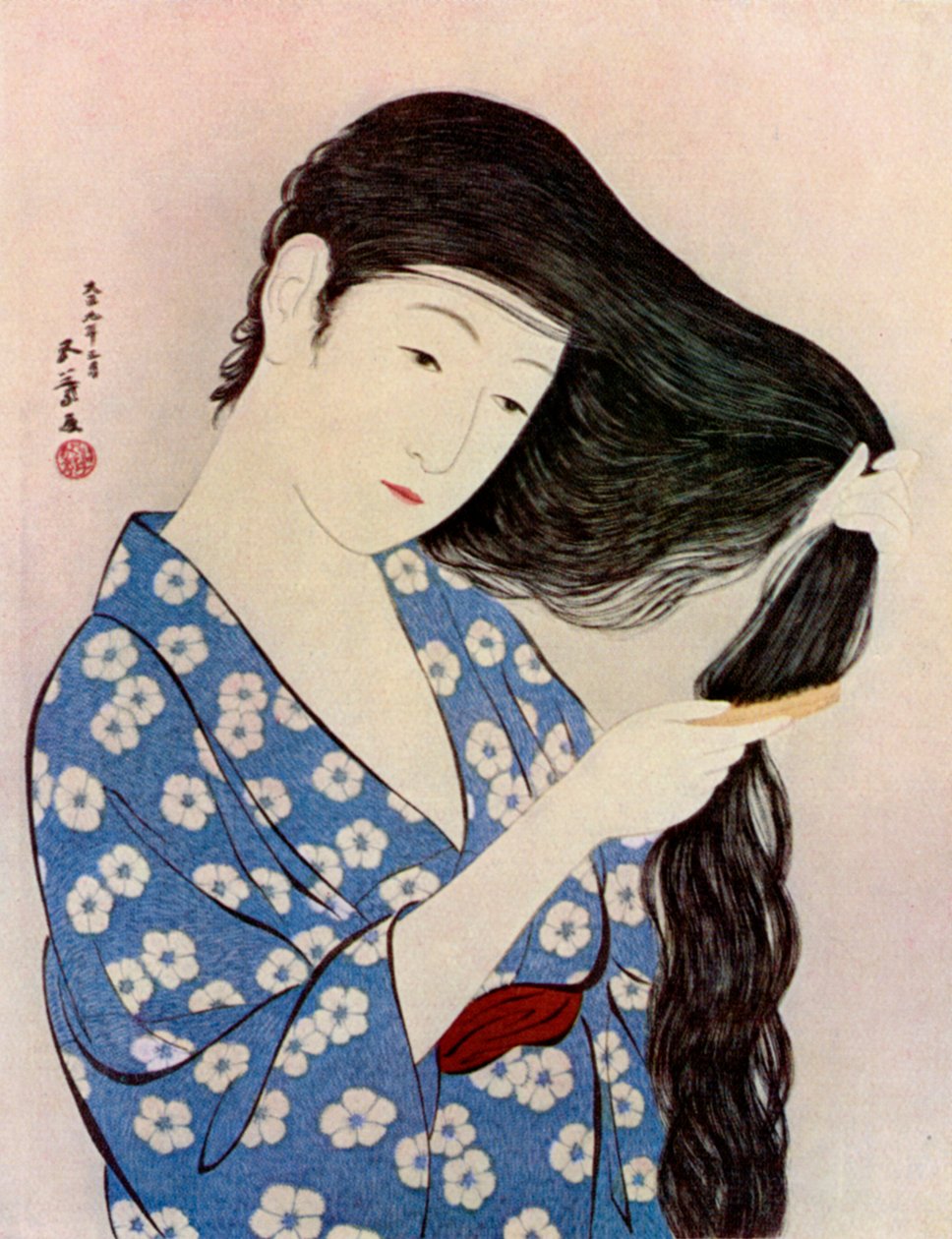 Een Japanse vrouw die haar haar kamt, 1920-1930 door Goyo Hashiguchi