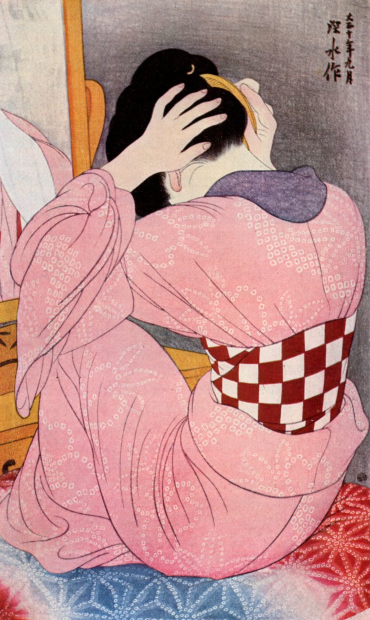 Een Japanse vrouw die haar haar doet, 1920s 1930 door Goyo Hashiguchi
