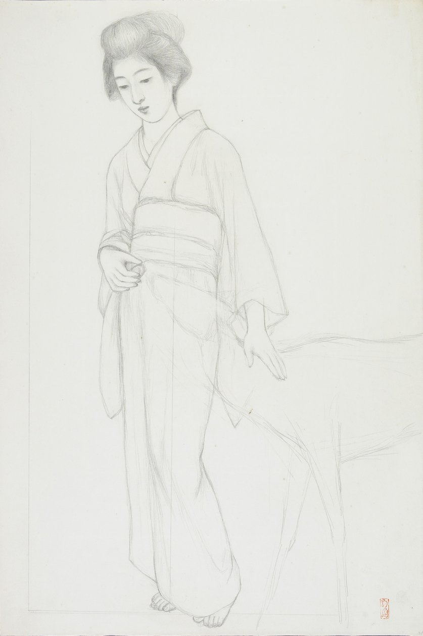 Tekening van een Vrouw die een Hert Aait door Goyo Hashiguchi