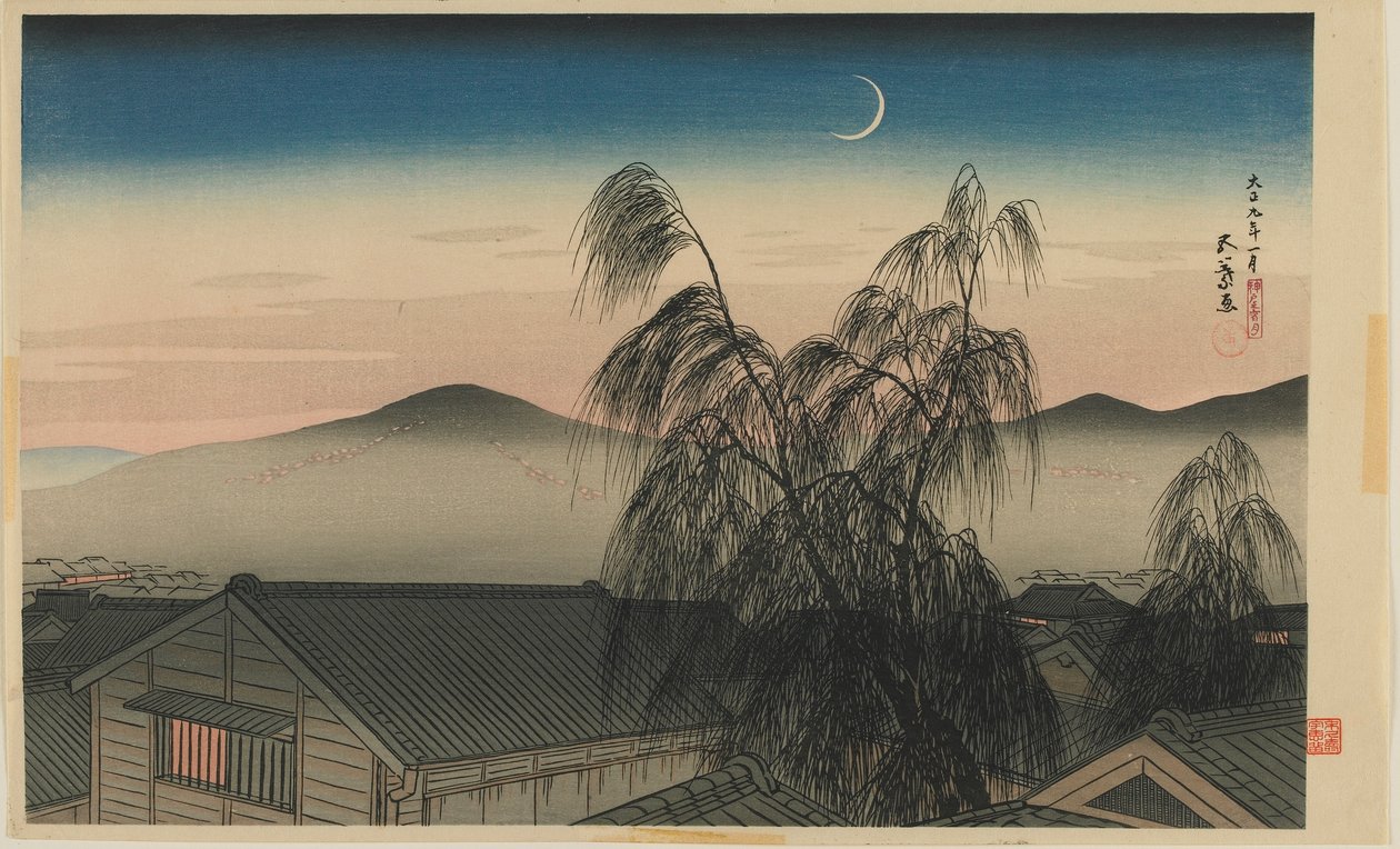 Avondmaan in Kobe (Kobe no yoizuki) Taisho periode, januari 1920 (kleur houtsnede) door Goyo Hashiguchi