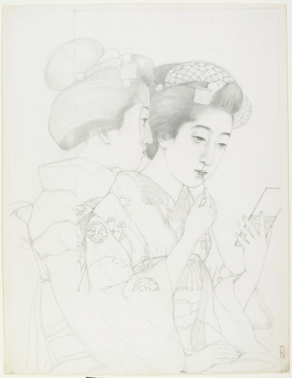 Studie voor Vrouw die Lippenborstel Vasthoudt, 1919 door Goyo Hashiguchi