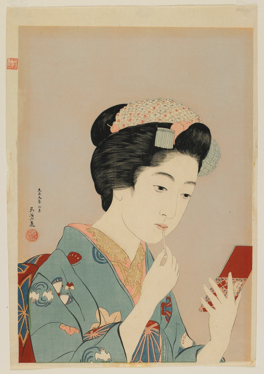 Vrouw Brengt Lip Rouge Aan, Taisho-periode, februari 1920 (kleur houtsnede) door Goyo Hashiguchi