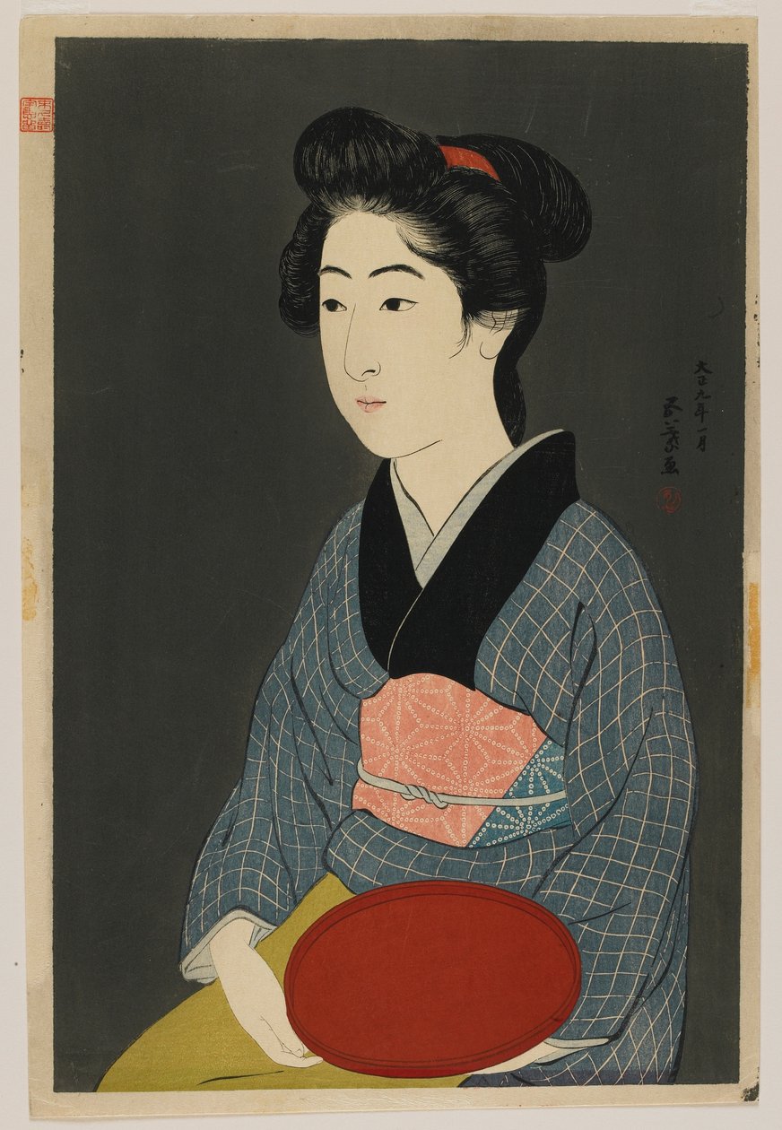 Vrouw met een dienblad, Taisho-periode, januari 1920 door Goyo Hashiguchi
