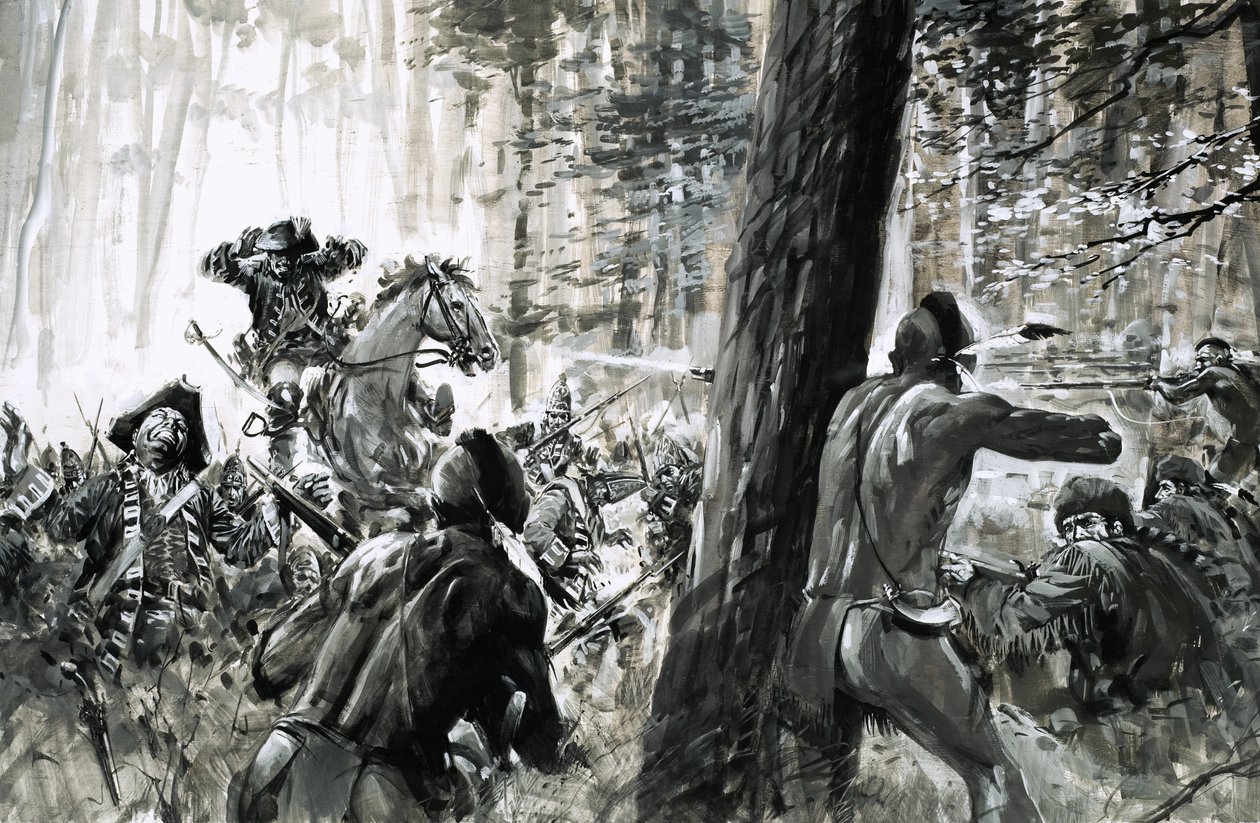 In 1765 werd generaal Edward Braddock in een hinderlaag gelokt door Franse soldaten en woeste Canadese Indianen. door Graham Coton