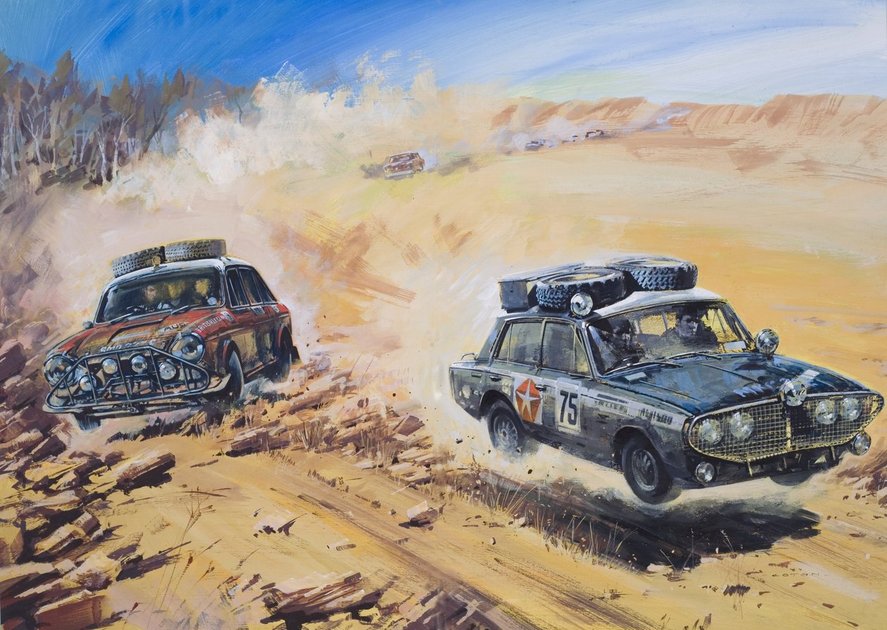 Autorally Londen-Sydney 1968 (gouache op papier) door Graham Coton
