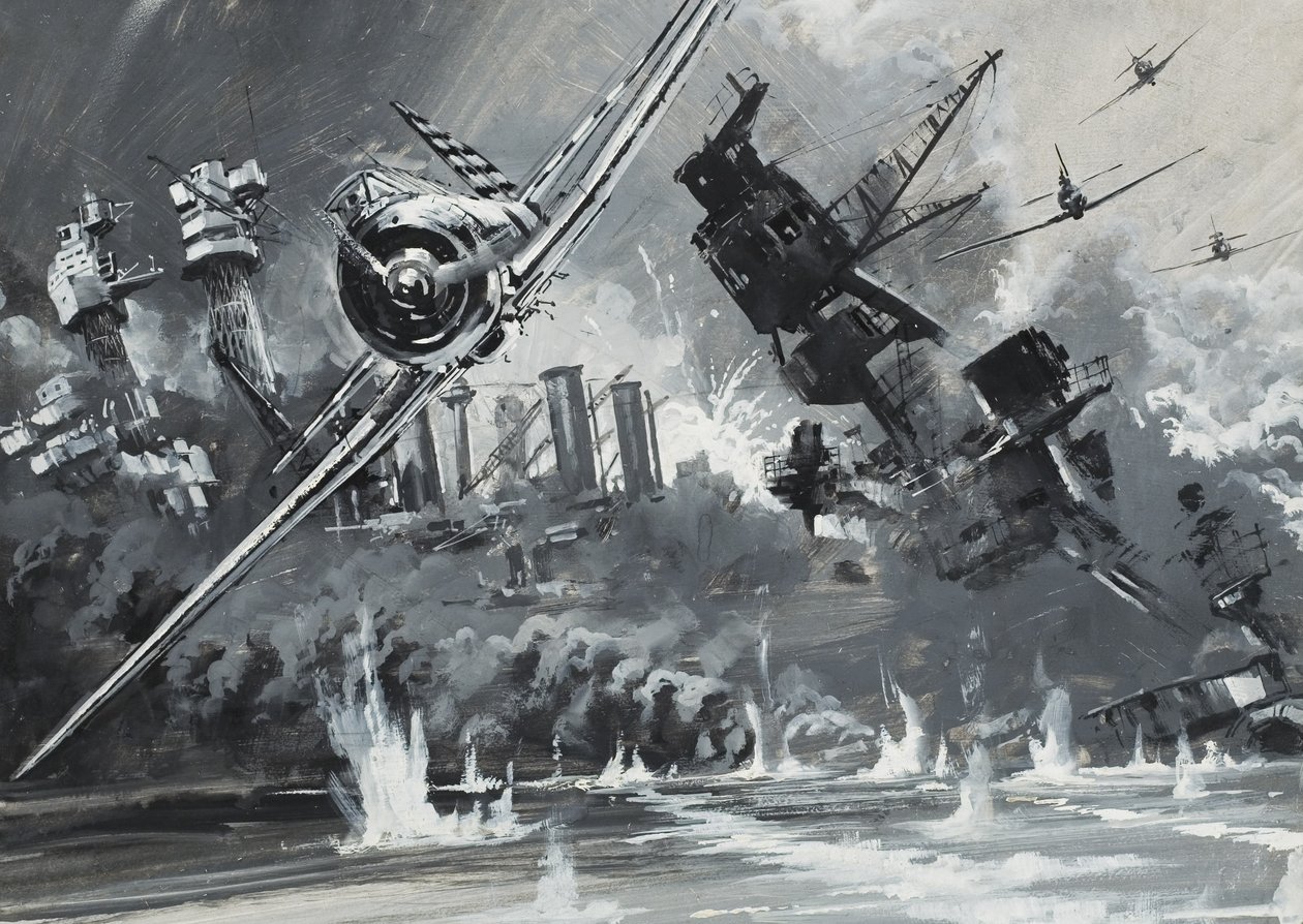 Pearl Harbour, 7 december 1941 (gouache op papier) door Graham Coton