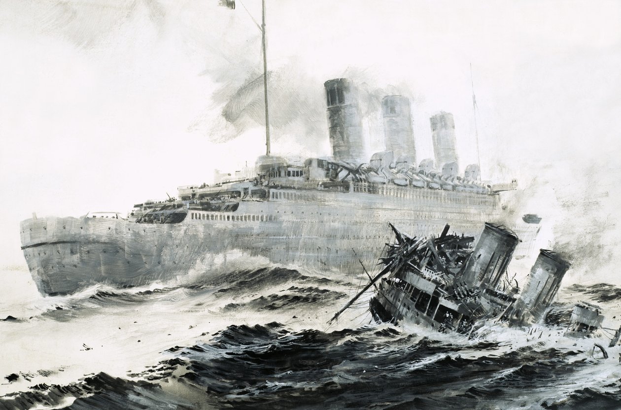 De Queen Mary botst op haar escorte, de Curacoa, waardoor het schip zinkt door Graham Coton