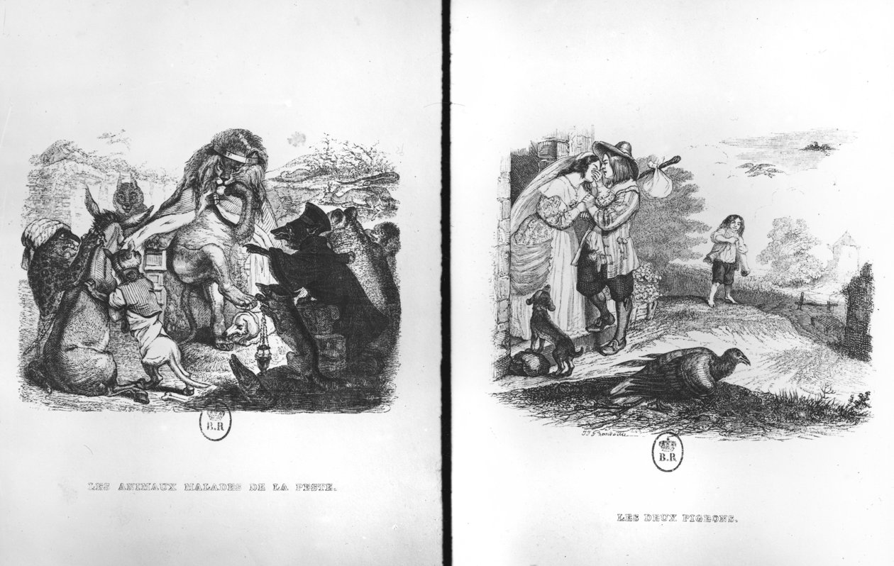 Dieren met de pest en De twee duiven, illustraties uit de Fabels van La Fontaine door Grandville
