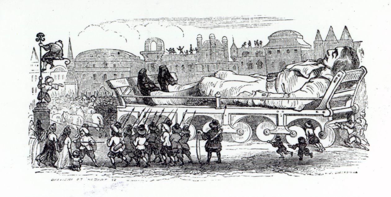 Gulliver wordt vervoerd naar de Lilliputaanse hoofdstad, een illustratie uit 