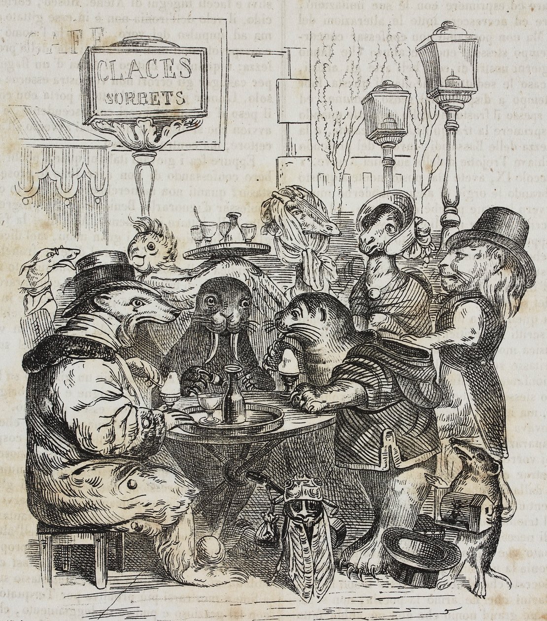 Beesten zittend in ijssalon, lithografie door Giovanni Mariani naar karikatuur van Jean-Jacques Grandville uit Poliorama Pittoresco, nr. 24, 21 januari door Grandville