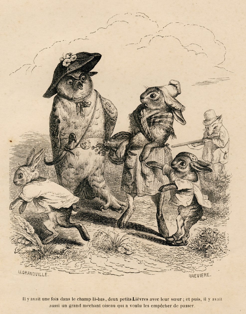 Twee kleine hazen met hun grote zus gestopt door een uil in een veld. Een vos die aan het jagen is staat achter hen. Vignetten geïllustreerd door JJ Granville. Gravure gesigneerd Breviere in het deel "Verhaal van een haas" geschreven door PJ Stahl in door Grandville