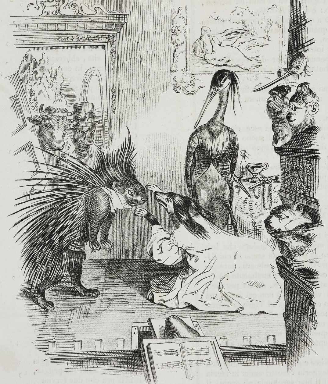 Hond en stekelvarken, karikatuur door Jean-Jacques Grandville (1803-1847), lithografie door Giovanni Mariani uit Poliorama Pittoresco, nr. 38, 30 april door Grandville