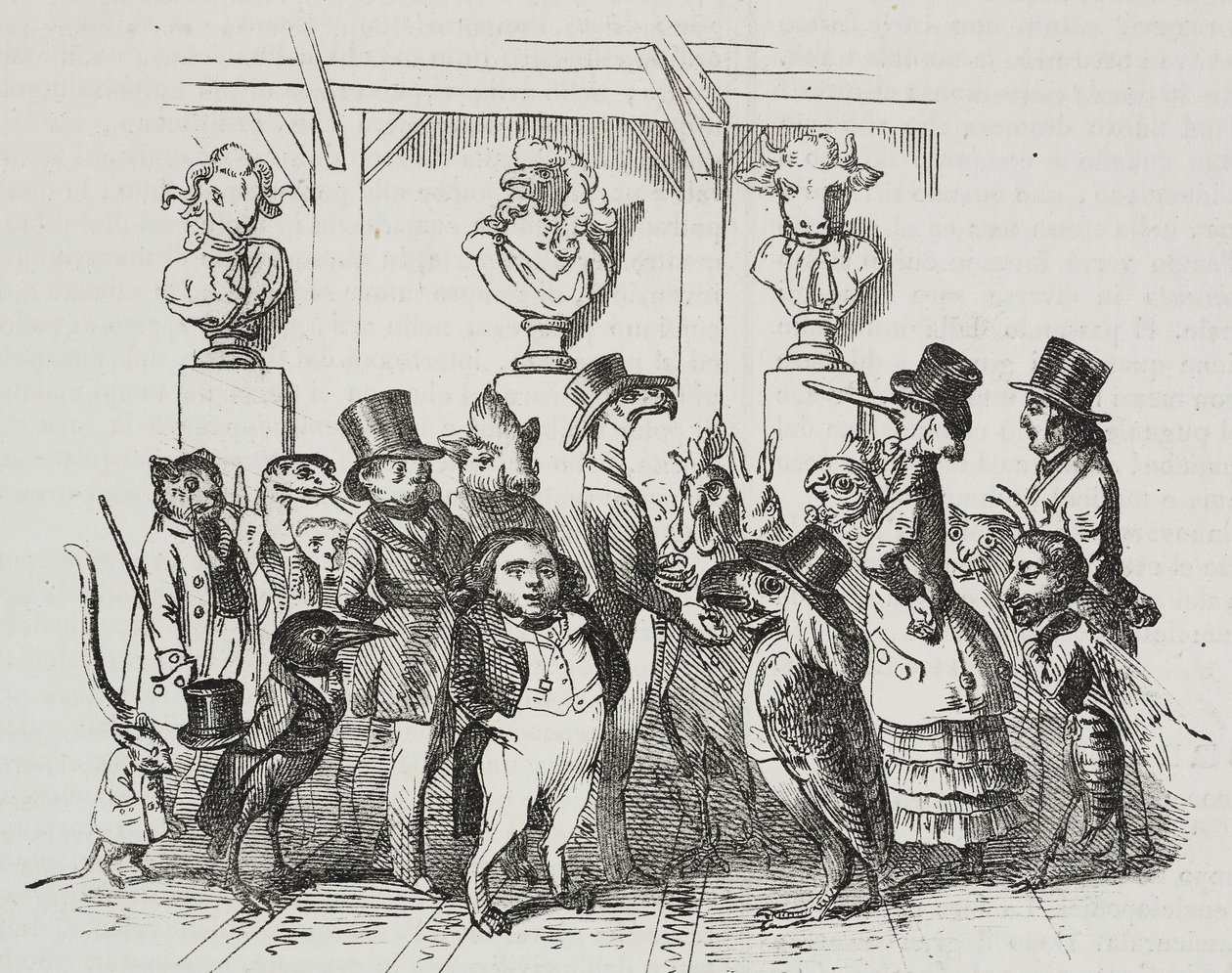 Uitgang van theater, karikatuur door Jean-Jacques Grandville, lithografie door Giovanni Mariani uit Poliorama Pittoresco, nr. 39, 7 mei door Grandville