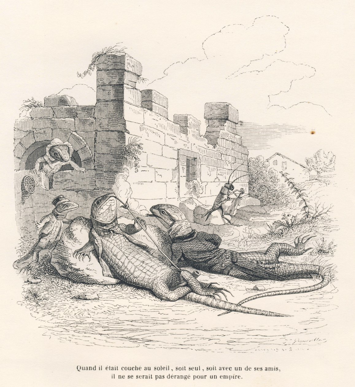 Hagedis rokend in de zon met een van zijn vrienden. Geïllustreerde vignetten door JJ Granville. Gravure gesigneerd Andrew, Best en Leloir in het deel "Herinneringen van een oude kraai" geschreven door PJ Stahl in "Scènes uit het privé- en openbare leven va door Grandville