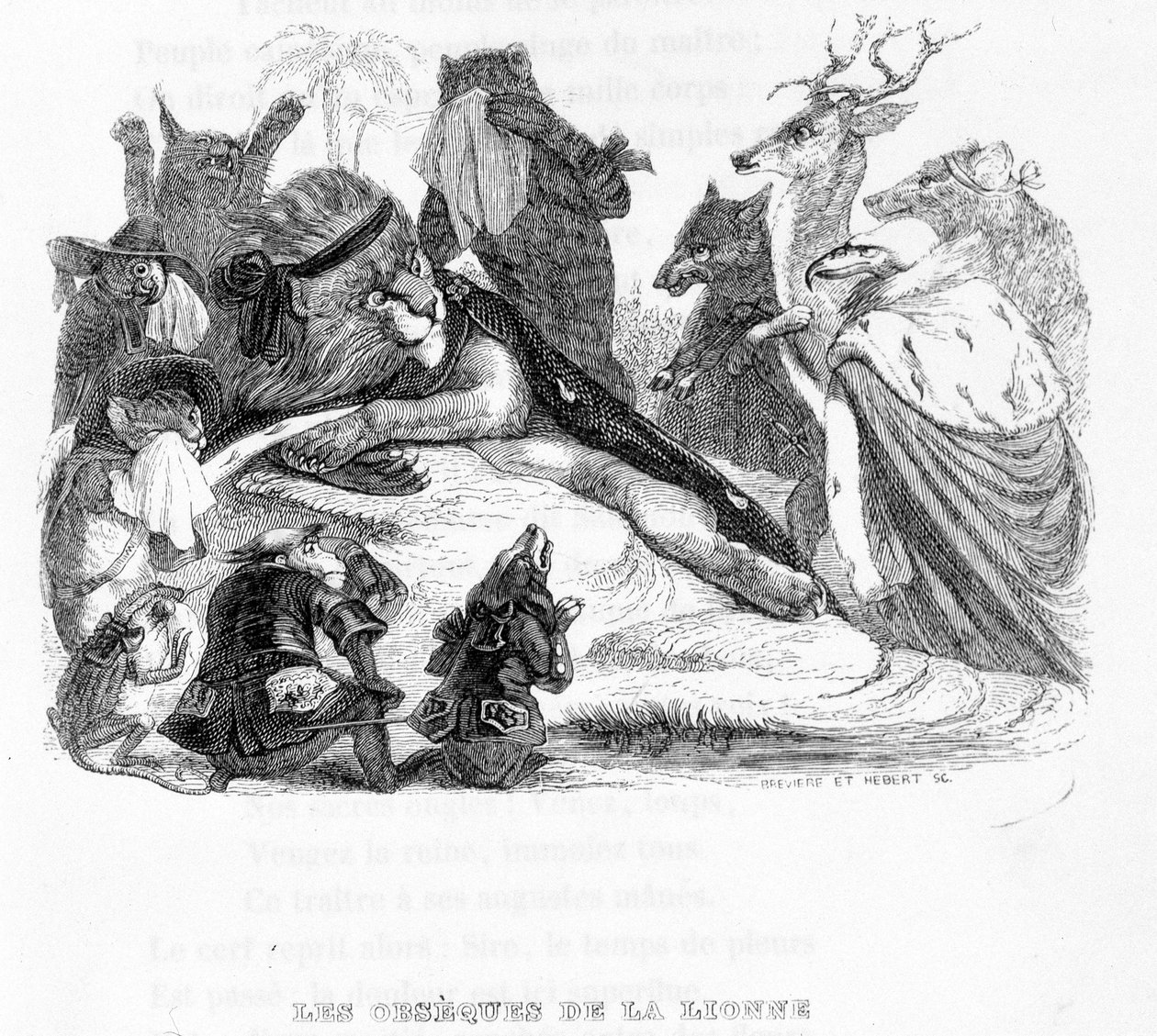 De begrafenis van de leeuwin - in "Fabels van La Fontaine" ill. door Grandville door Grandville